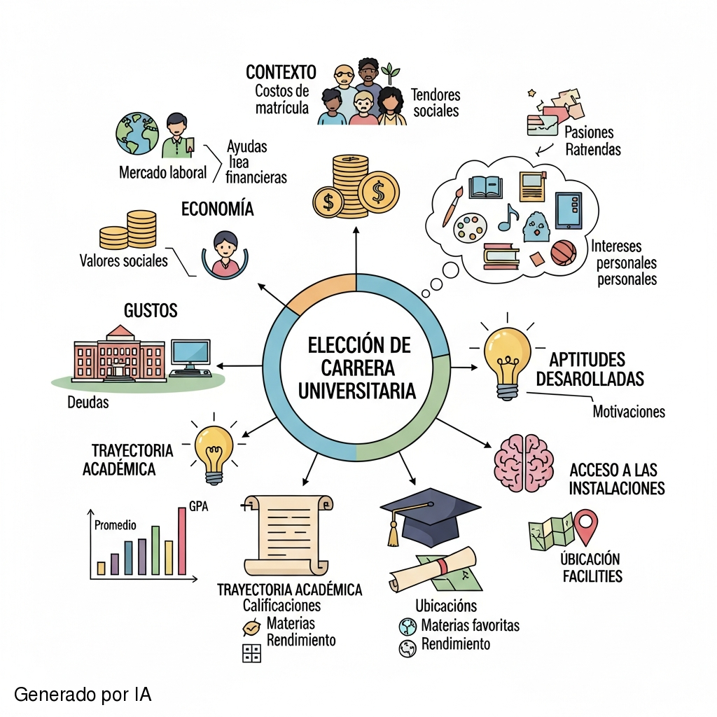 Elabora una imagen que muestre los elementos que intervienen en la elección de carrera universitaria: contexto, economía, gustos, aptitudes desarrolladas, trayectoria académica (promedio), acceso a las instalaciones (tipo de plantel)... De una medida aproximada de dos centímetros por dos centímetros. Los textos que coloques, tradúcelos al español - Generado por IA