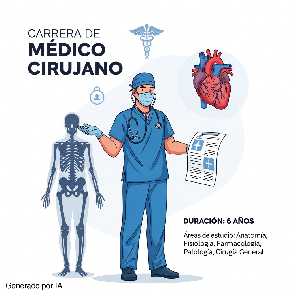 Ilustración a escala de un médico, para ilustrar contenido de la carrera de Médico Cirujano, con texto en español - Generado por IA